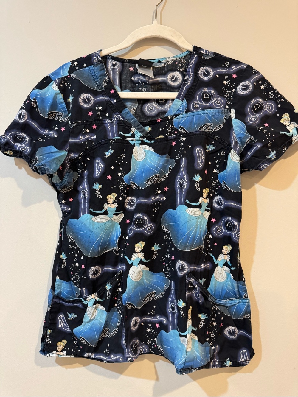 Cinderella Print Scrub Top in Blue and Black